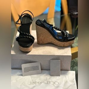 Jimmy Choo Dosia Wedge 130 ~ Black Leather ~ Size 38 ~ BRAND NEW NEVER WORN!